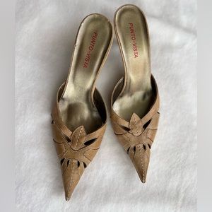 Vintage Womens Leather Pointed Toe Mules Shoes, with Stiletto Heels.   Size 8.5